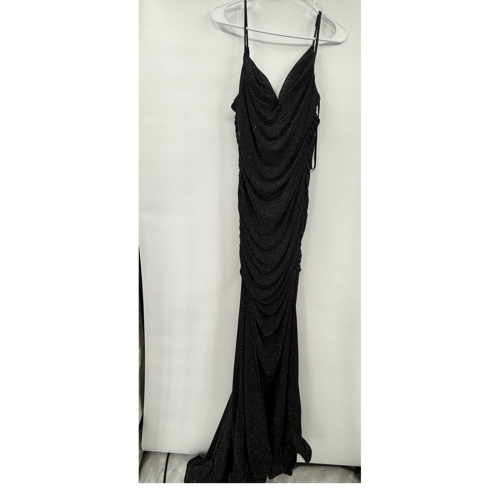 B. Darlin 15/16 Gown Juniors Black Silver Metallic Ruched Cowl Neck Prom Dress